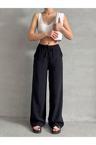 BEJNA Women's Black Soft Modal Containing Elastic Waist Palazzo Trousers
