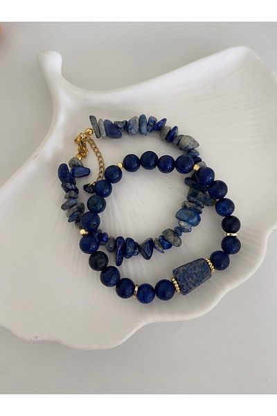 TARZ-I TAKI (Two Bracelets) Natural Stone Navy Blue Lapis Lazuli Stone and Gold Plated Real Stone Women's Bracelet