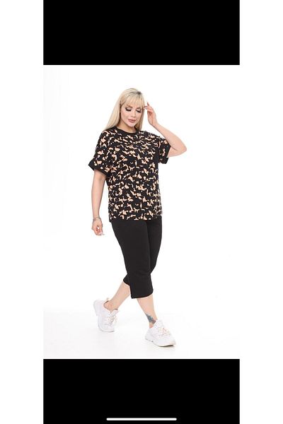 mami butik Plus Size Top Print Cross Pocket Bottom Straight Double Pocket Capris Viscose Combed Cotton Suit