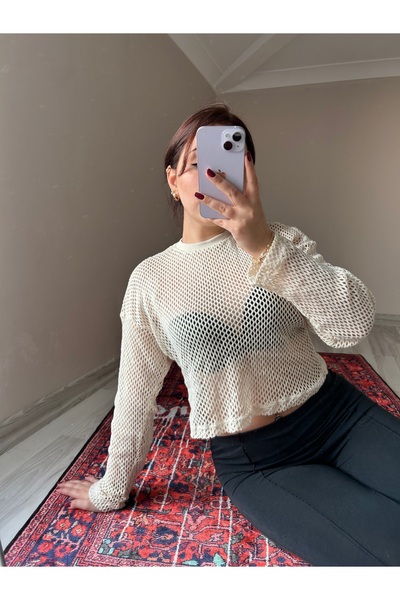 Krem Ajurlu Salaş Kaşındırmaz Delikli Triko Bluz