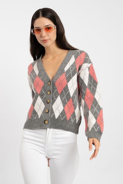 RTD&VLD Women's Vita-177 Argile Comfortable Jalıp Diamond Pattern Buttoned Knitwear Cardigan Gray