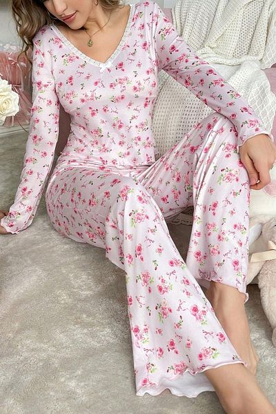 BELLA NOTTE Romantic Cotton Lace Detailed Long Pajamas Set