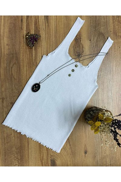 MİO ESTİLO Single Wide Strap Button Detailed Ribbed Tank Top