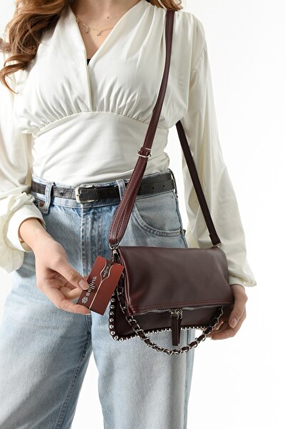 Sellini Kadın Katlanabilir Bordo Zincirli Detaylı Omuz El ve Çapraz Çanta