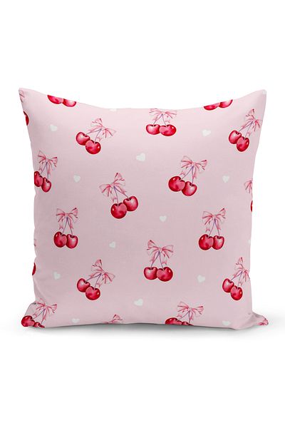 Bertille Home Κάλυμμα μαξιλαριού με ριχτάρι σειράς Cherry Bow διπλής όψης με ψηφιακή εκτύπωση (Cherry with Bow)