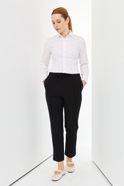 Doque Women's Fabric Trousers Stretchy Crepe Elastic Waist Black 59013
