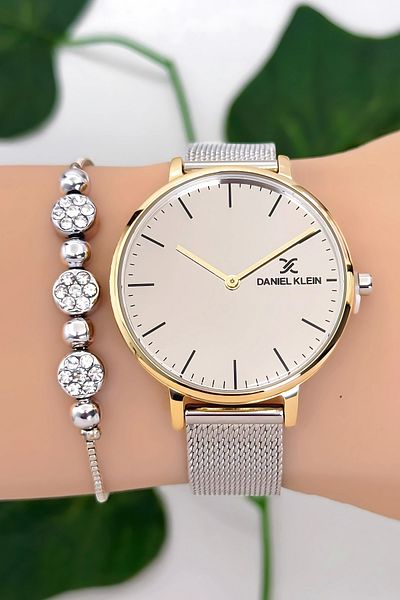 Daniel Klein Steel Cord Women Wrist Watch 3 Atm Water Resistant Silver-Gold Zmdk1189