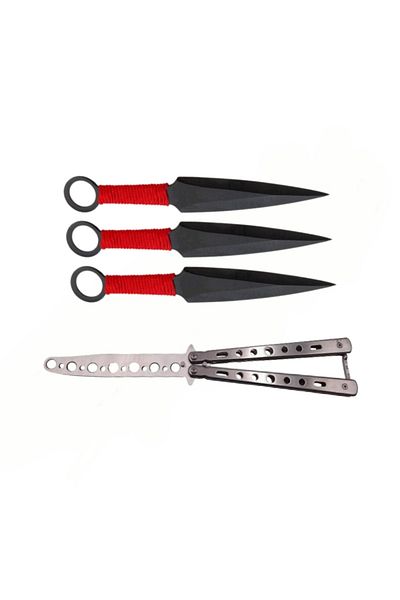 Depox Set cuțit fluture de antrenament și trei cuțite de aruncat, Ninja Way, IdeallStore®, oțel inoxidabil