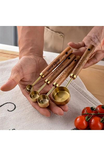 KURTULUŞ COMPANY 4 Pieces Large Size Stainless Steel Measuring Cup Set - Wooden Handle, 60ml 80ml 125ml 250ml
