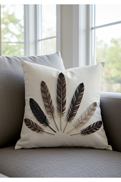 Sakallı Cream Ground Gray Feather Patterned Digital Printed Decorative 4-Piece Throw Pillow Cover Set