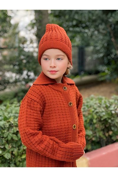 Hilal Akıncı Kids Unisex Buttoned Oversize Claret Red Knitwear Cardigan Beanie Set of 2