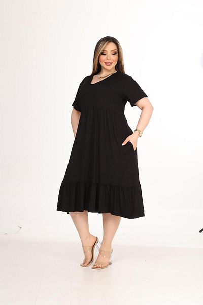 mami butik Large Size V-Neck Short Sleeve Robe Skirt Gathered Madi Size Viscose Combed Cotton Stylish Comfortable Dress