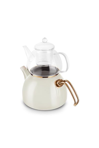 Karaca Aren Enamel Glass Perforated Midi Teapot Set Cream