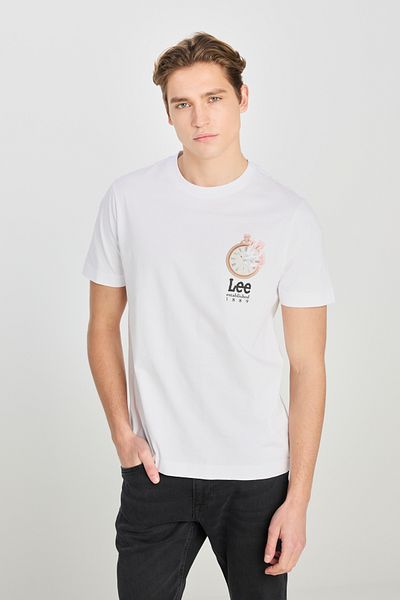 Lee 100% Cotton Regular Fit Regular Cut Crew Neck Printed White T-Shirt