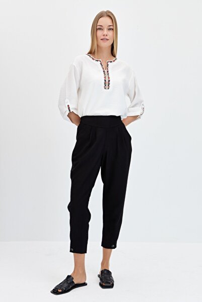 Desen Triko Wide Belted Buttoned Linen Black Trousers