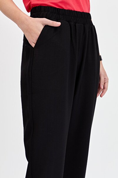 Desen Triko Women's Elastic Waist Side Pocket Carrot Cut Linen Trousers Black