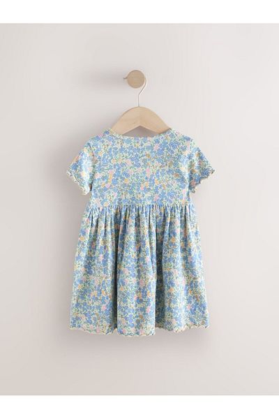 Next Baby 100% Cotton Blue Short Sleeve Floral Print Short Sleeve Dress
