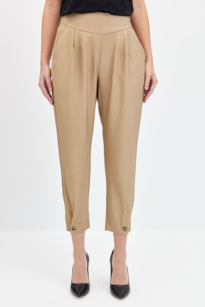 Desen Triko Women's Wide Belted Leg Buttoned Linen Trousers Camel