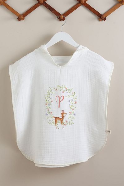 Tuğba Kuğu Letter Series - Little Deer Letter P 4 Layer Muslin Poncho