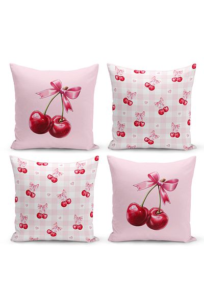 Bertille Home Σετ ριχτάρι μαξιλαριού σειράς Cherry Bow με ψηφιακή εκτύπωση διπλής όψης με 4 κάλυμμα (Cherry with Bow)