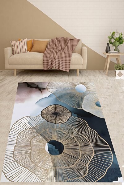 on the clouds Soyut Çiçek Desenli Yıkanabilir Kaymaz Taban Leke Tutmaz Salon Halısı Yolluk