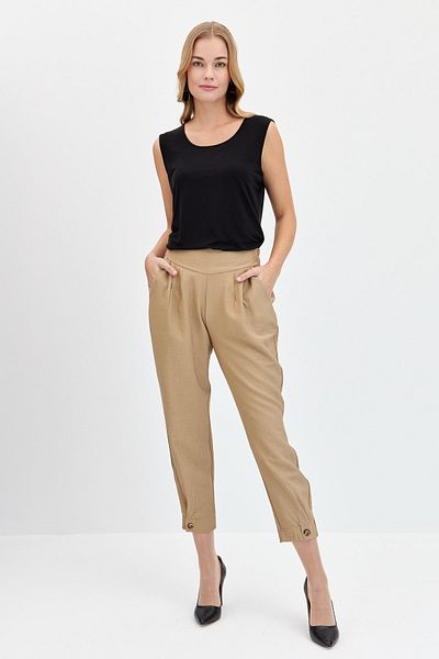 Desen Triko Women's Wide Belted Leg Buttoned Linen Trousers Camel