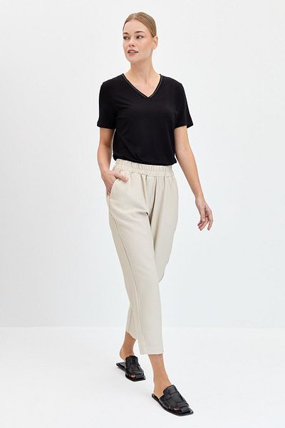 Desen Triko Pantaloni de damă, cu talie elastică, buzunar lateral, tăiat morcov, bej