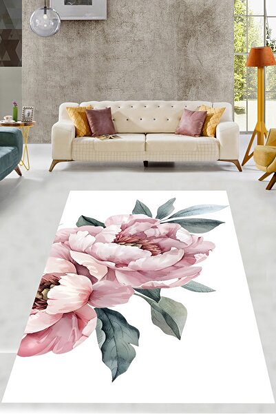 on the clouds Beyaz Zemin Pembe Minimalist Çiçek Yıkanabilir Kaymaz Taban Lek...