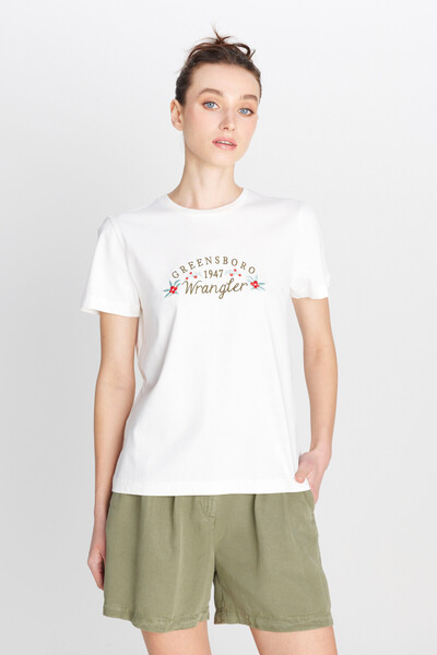 WRANGLER Regular Fit Normal Kesim Bisiklet Yaka %100 Pamuk Kırık Beyaz Tişört