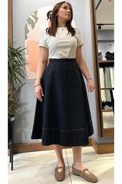 ARZU ÖZEL MODA ATÖLYESİ Yüksel Bel Cepli Midi Boy Kot Etek.