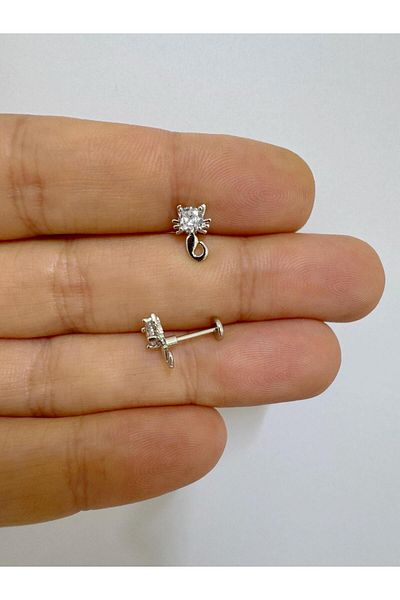 Arescollection 1 Piece Zircon Stone Cat Figure Steel Back Plain Front Attached Tragus Helix Piercing