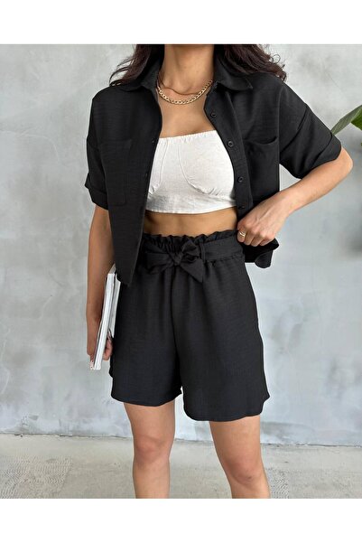 Famel Butik شورت قميص كتان بدلة سوداء