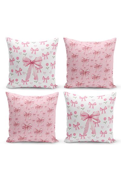 Bertille Home Σετ ριχτάρι μαξιλαριού σειράς Cherry Bow με ψηφιακή εκτύπωση διπλής όψης με 4 κάλυμμα (Cherry with Bow)