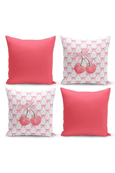 Bertille Home Σετ ριχτάρι μαξιλαριού σειράς Cherry Bow με ψηφιακή εκτύπωση διπλής όψης με 4 κάλυμμα (Cherry with Bow)