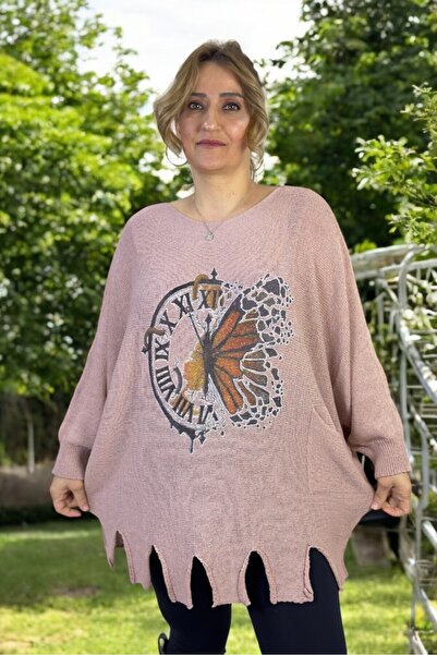 yagmurberen Hour Patterned Boat Neck Bat Sleeve Large Size Mercerized Bluz Sweater