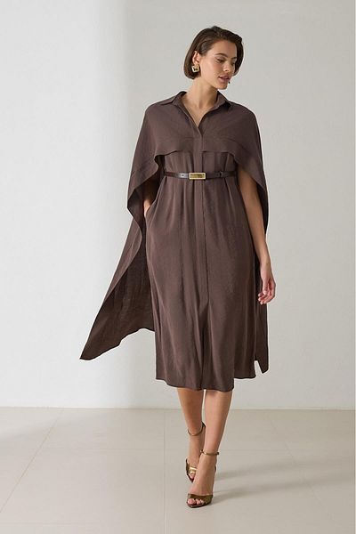 Setre Bitter-Brown Cape and Belt Detailed Shirt Collar Dress
