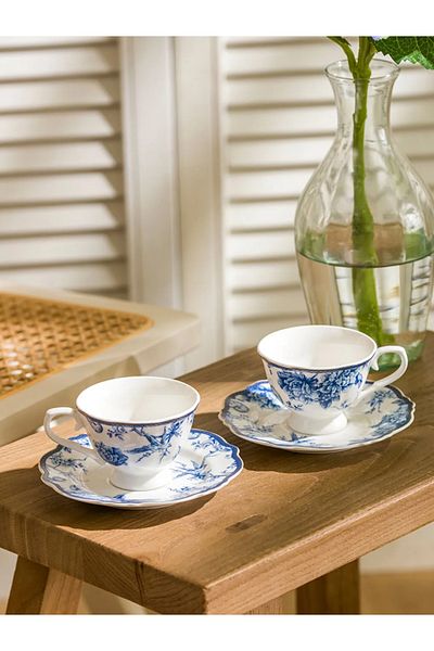 LC Waikiki Lcw Home Blue Printed 2-Person Porcelain Coffee Cup Set 90 ml
