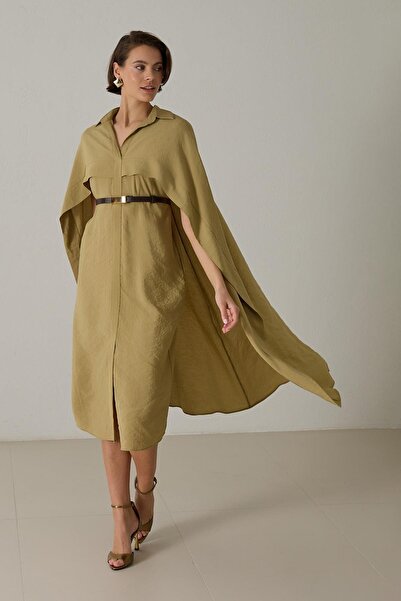 Setre Mustard Cape and Belt Detailed Shirt Collar Dress