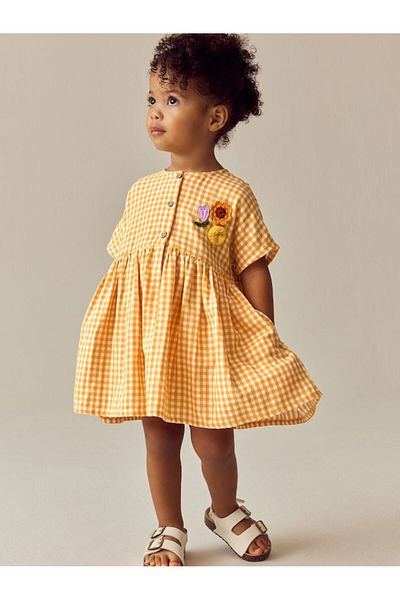 Next Baby 100% Cotton Yellow Plaid Floral Print Short Sleeve Dress