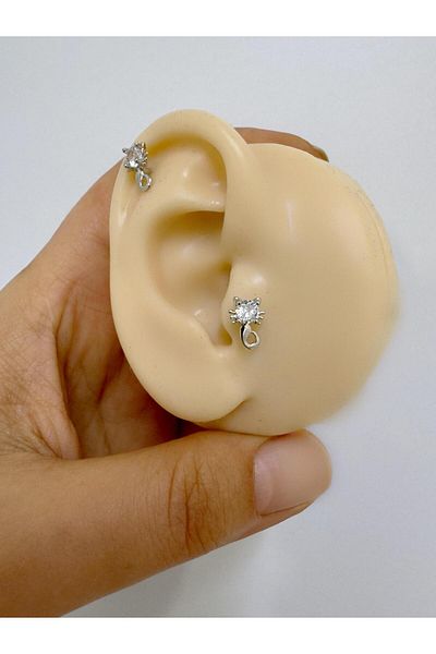 Arescollection 1 Piece Zircon Stone Cat Figure Steel Back Plain Front Attached Tragus Helix Piercing