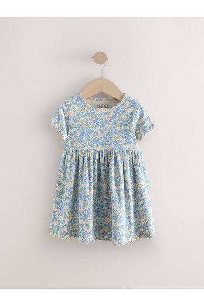 Next Baby 100% Cotton Blue Short Sleeve Floral Print Short Sleeve Dress