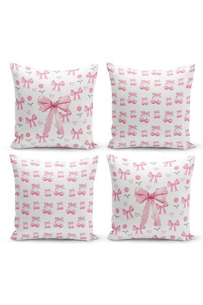 Bertille Home Σετ ριχτάρι μαξιλαριού σειράς Cherry Bow με ψηφιακή εκτύπωση διπλής όψης με 4 κάλυμμα (Cherry with Bow)