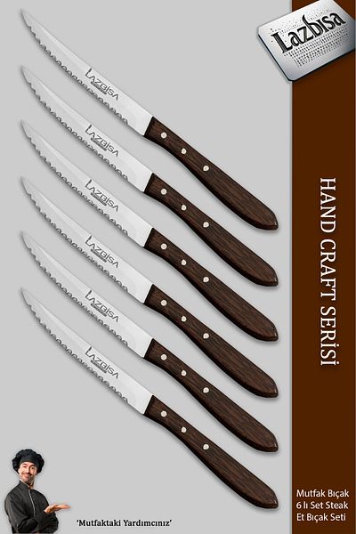 LAZBİSA Hand Craft Series Steak Meat Knife Kitchen Knife 6-Piece Restaurant Meat Cutting Chopping Knife