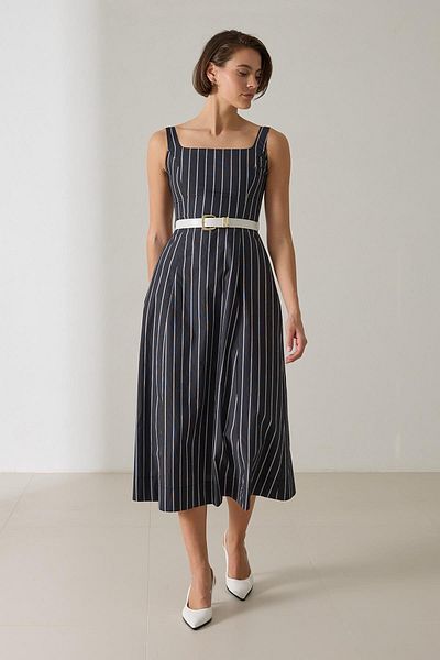 Setre Black Square Collar Thick Strap Striped Dress with Belt Detail at Waist