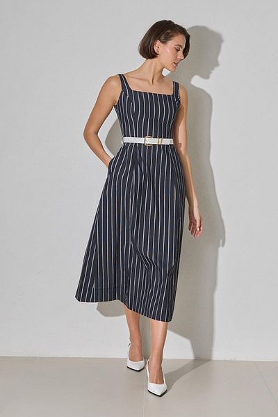 Setre Black Square Collar Thick Strap Striped Dress with Belt Detail at Waist