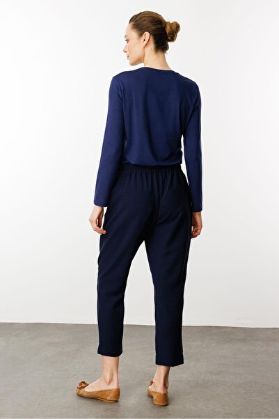 Desen Triko Women's Elastic Waist Side Pocket Carrot Cut Linen Trousers (Navy Blue)