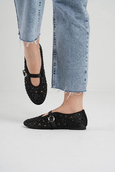 Beyond Women's Black Satin Stone Detailed Buckle Ballerinas Byndkp867