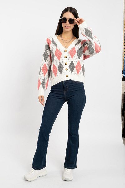 RTD&VLD Women's Vita-177 Argile Comfortable Fit Diamond Pattern Buttoned Knitwear Cardigan Ecru
