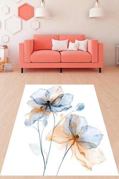 on the clouds Soyut Mavi Kahverengi Çiçek Floral Desen Yıkanabilir Kaymaz Tab...