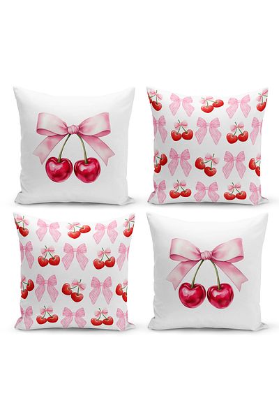 Bertille Home Set de 4 huse de pernă cu imprimeu digital pe două fețe din seria Cherry (cireș cu fundă)